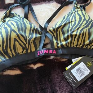 Zumba Fitness Green Zebra Print Sports Bra with Black Trim NWT L